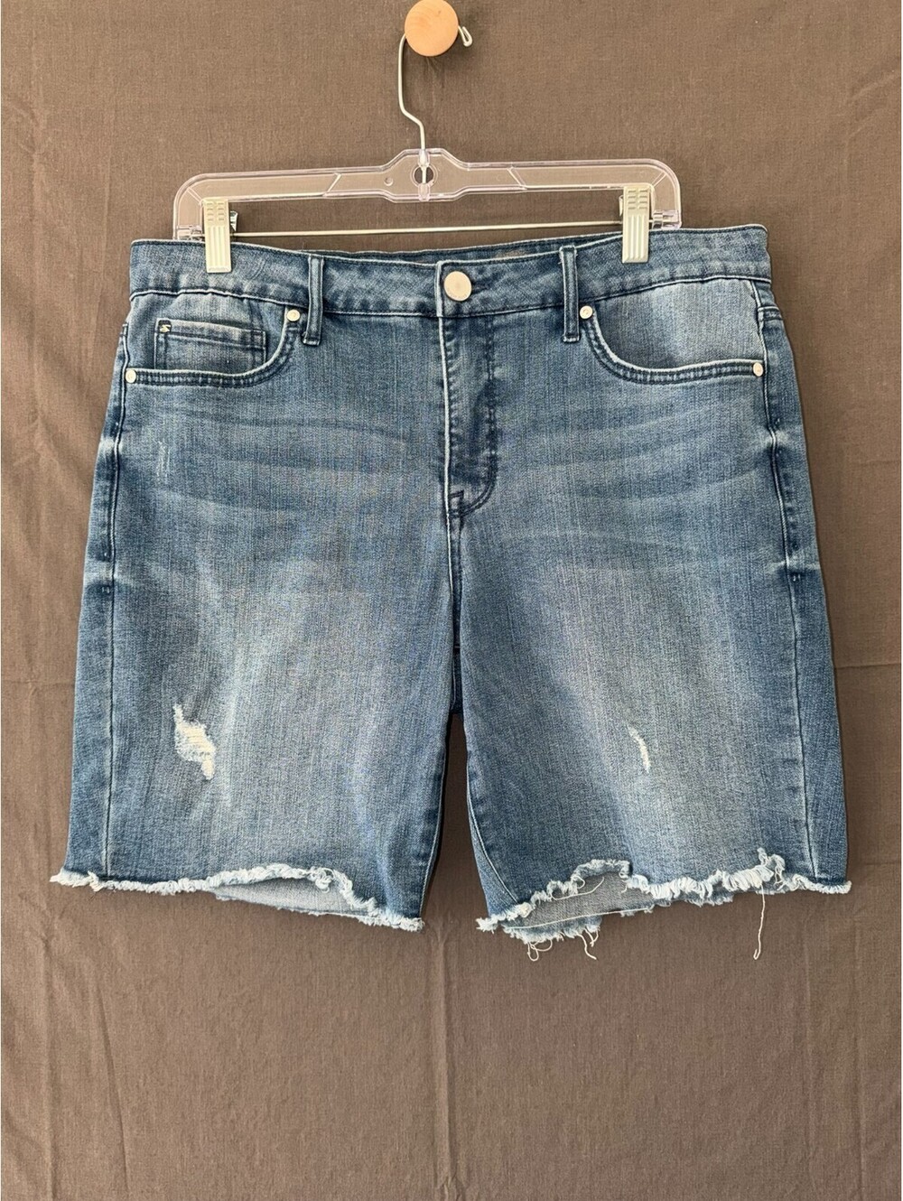 Seven 7 Womens Size 12 Sunset Bermuda Blue Denim Shorts Distressed Frayed Hem S